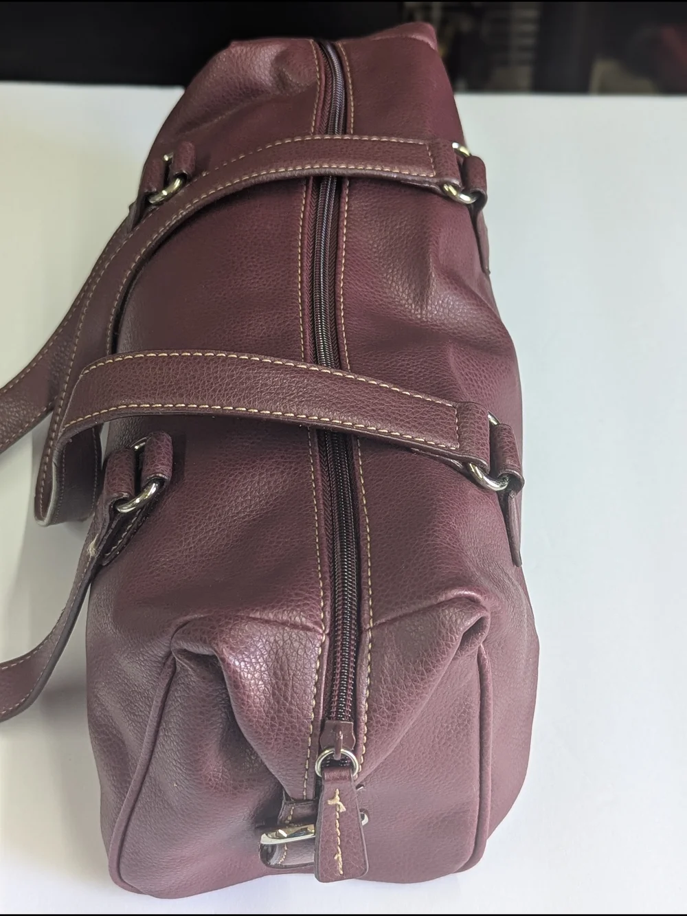 Nine West Burgundy Faux Leather Satchel Shoulder Bag Top Zip Medium Handbag 15x5